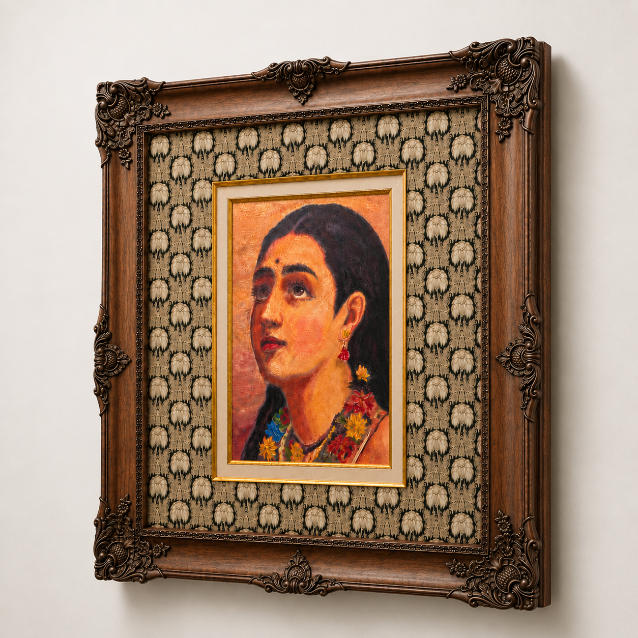 Portrait of an Indian Woman on Canvas, 80% Hand-Embellished, Ornate Wooden Victorian Frame, 48 × 46 in