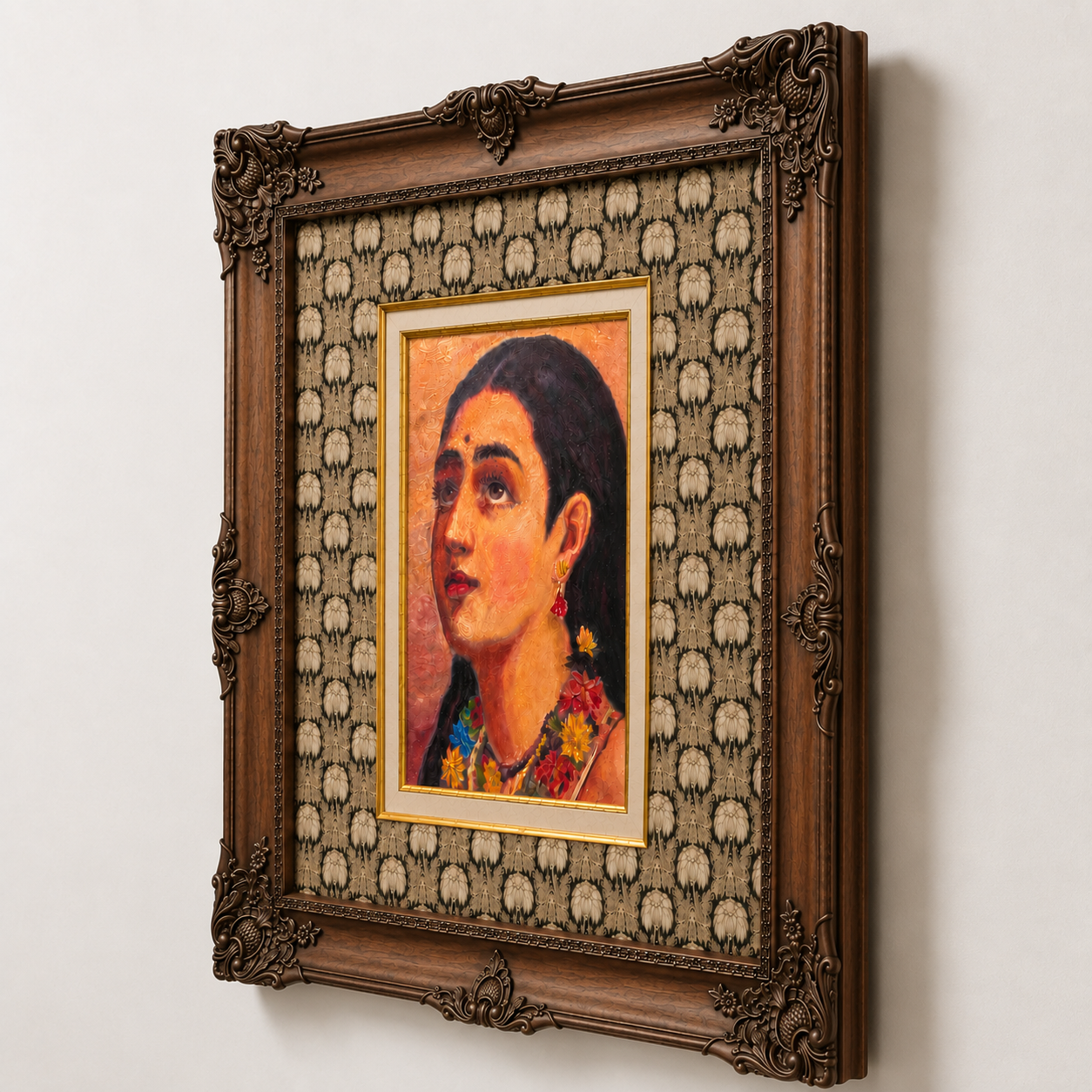 Portrait of an Indian Woman on Canvas, 80% Hand-Embellished, Ornate Wooden Victorian Frame, 48 × 46 in