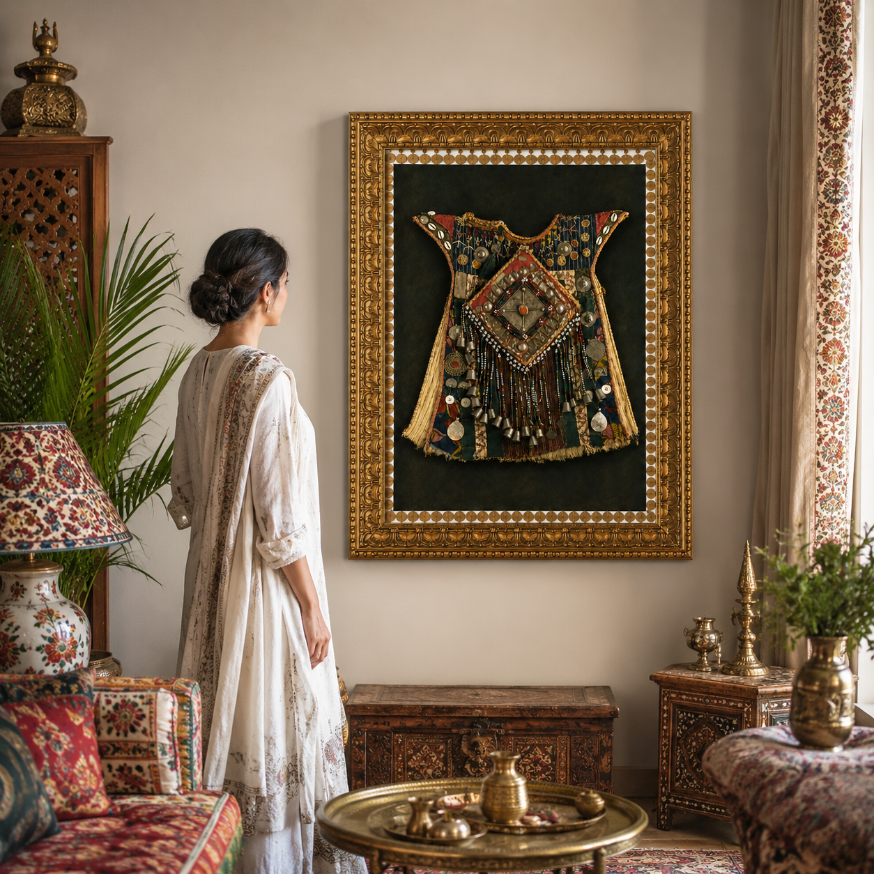 Traditional Indian Poshak Canvas Art Print – Ornate Gold Frame, 32 × 24 in