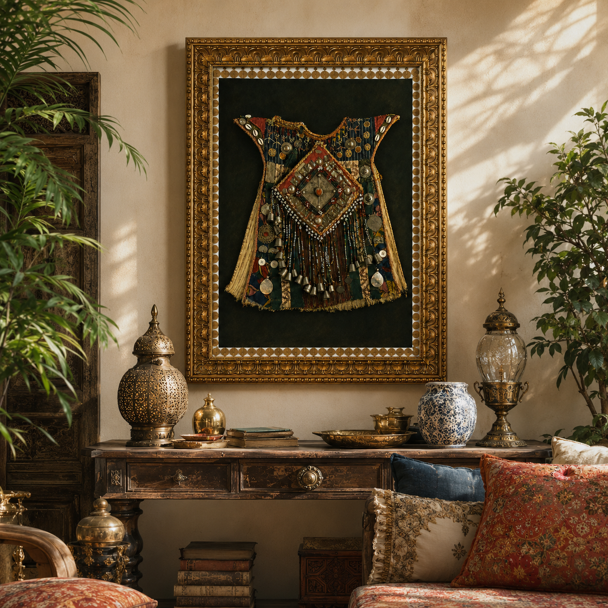 Traditional Indian Poshak Canvas Art Print – Ornate Gold Frame, 32 × 24 in