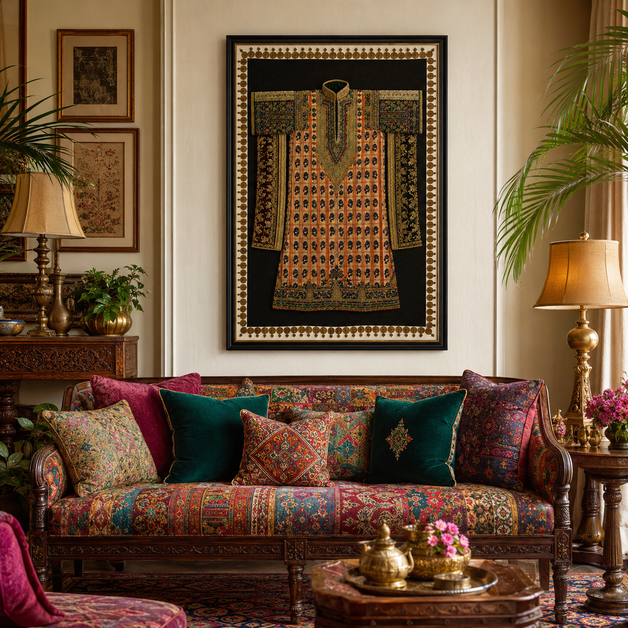 Traditional Indian Poshak Canvas Art Print with Glass – Black Frame with Gold Liner, 36 × 34 in