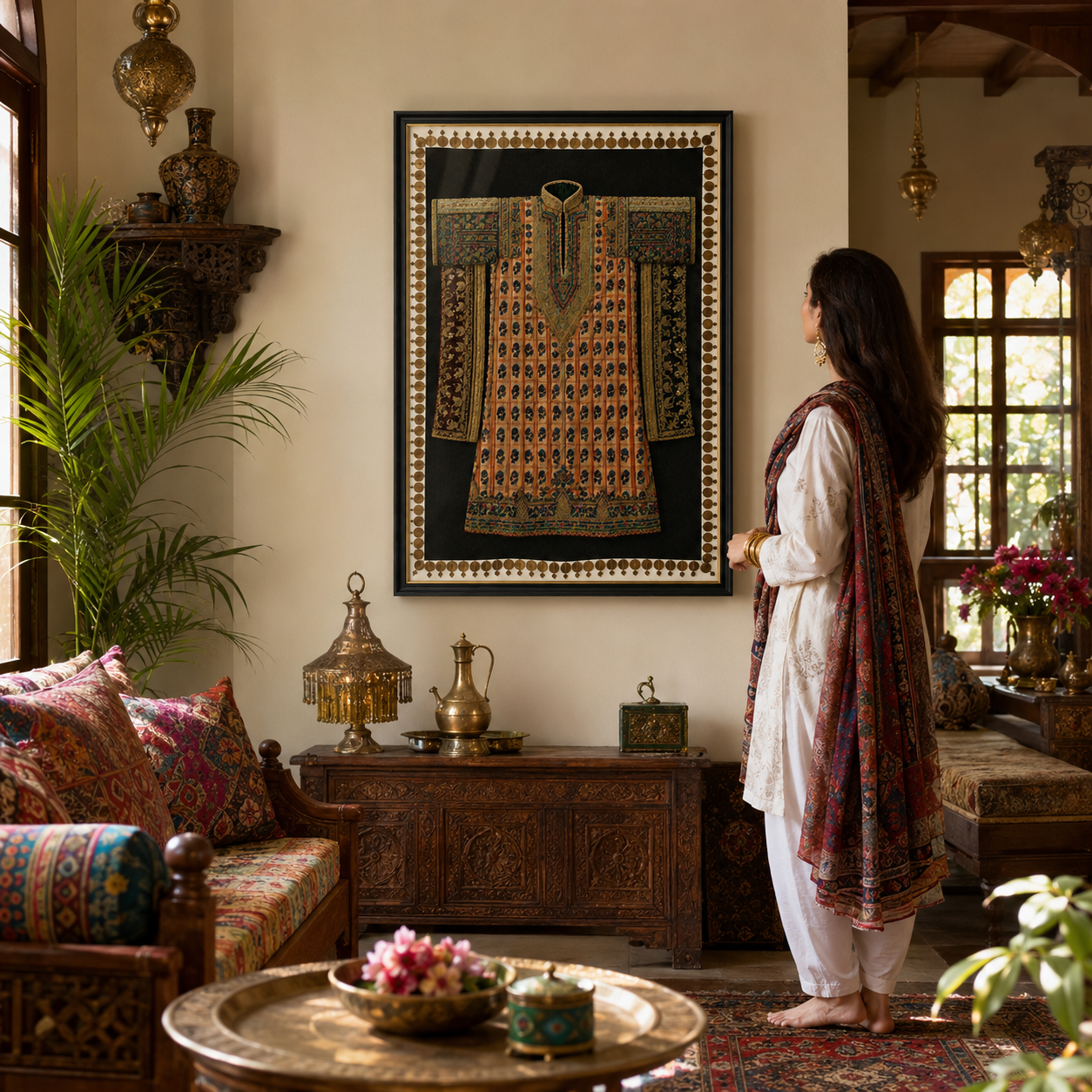 Traditional Indian Poshak Canvas Art Print with Glass – Black Frame with Gold Liner, 36 × 34 in