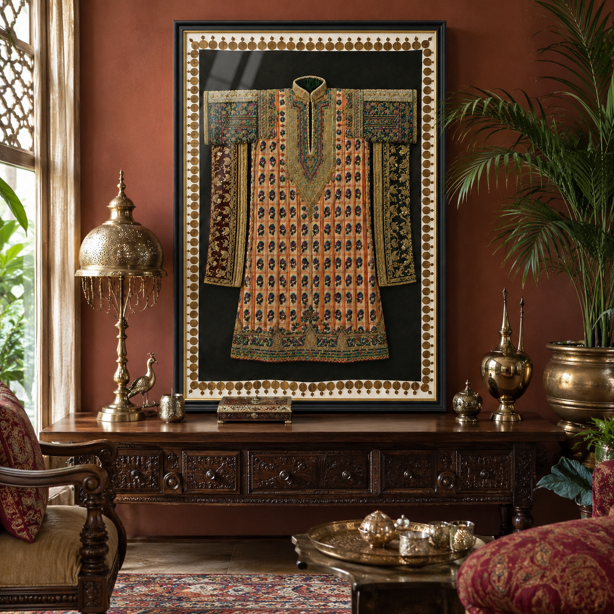 Traditional Indian Poshak Canvas Art Print with Glass – Black Frame with Gold Liner, 36 × 34 in
