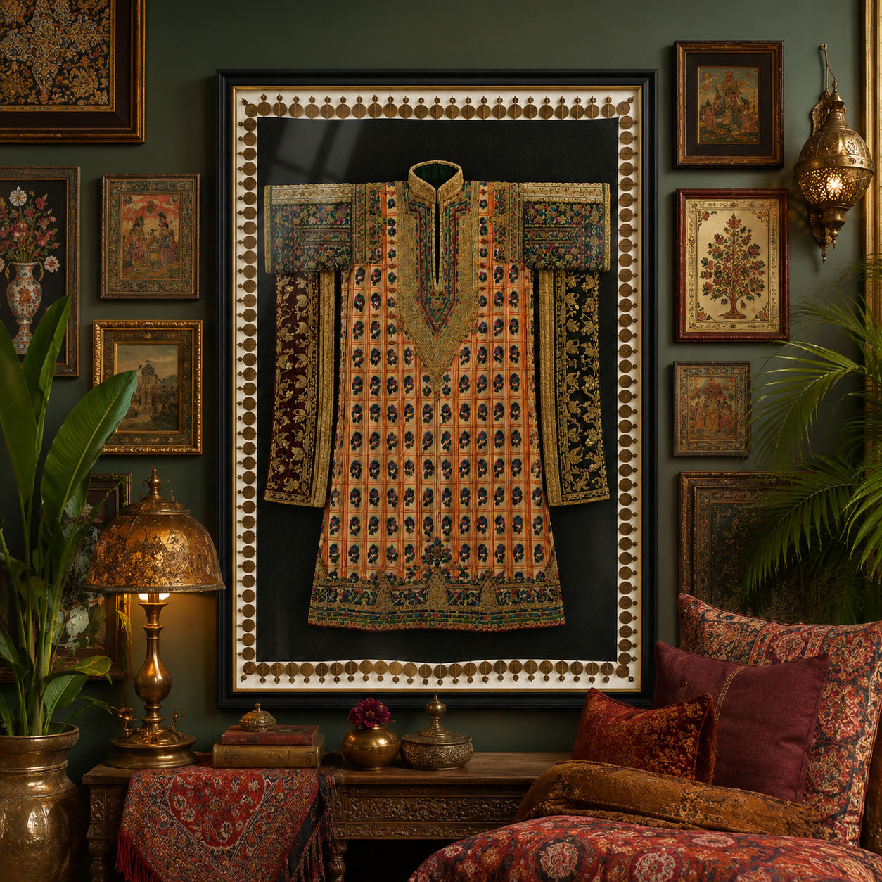 Traditional Indian Poshak Canvas Art Print with Glass – Black Frame with Gold Liner, 36 × 34 in