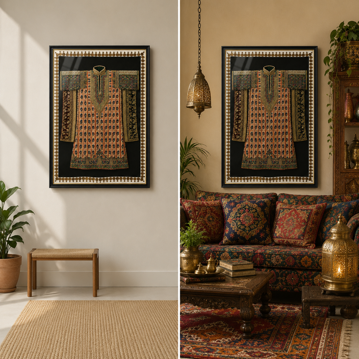 Traditional Indian Poshak Canvas Art Print with Glass – Black Frame with Gold Liner, 36 × 34 in