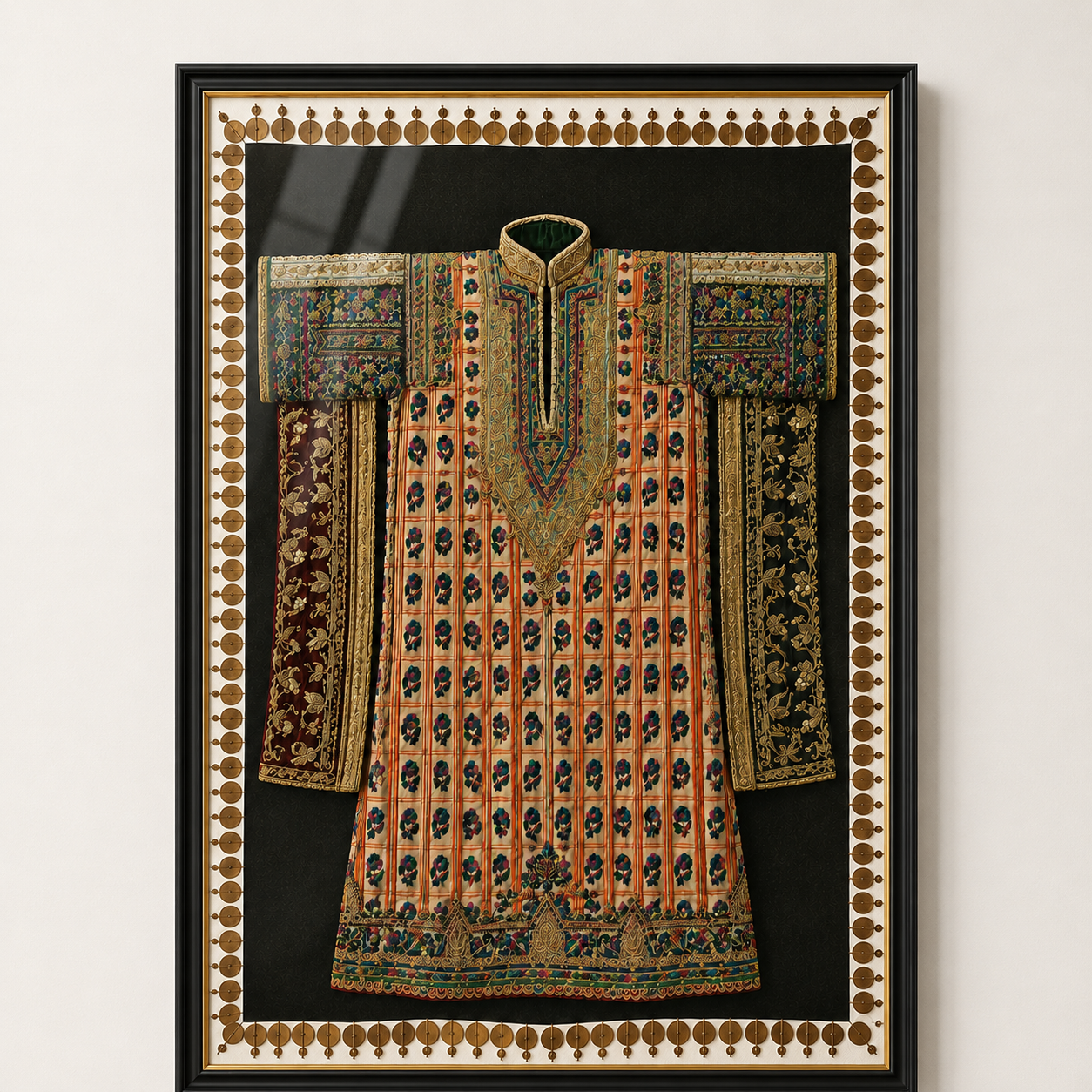 Traditional Indian Poshak Canvas Art Print with Glass – Black Frame with Gold Liner, 36 × 34 in