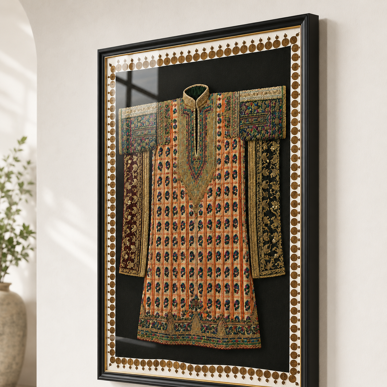 Traditional Indian Poshak Canvas Art Print with Glass – Black Frame with Gold Liner, 36 × 34 in