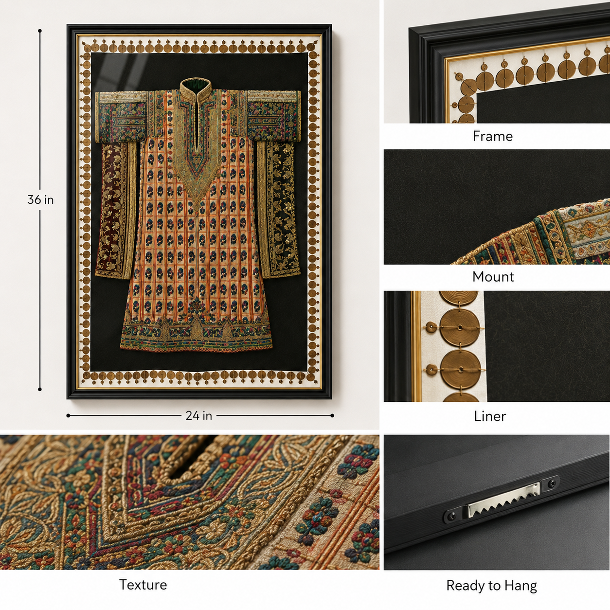 Traditional Indian Poshak Canvas Art Print with Glass – Black Frame with Gold Liner, 36 × 34 in