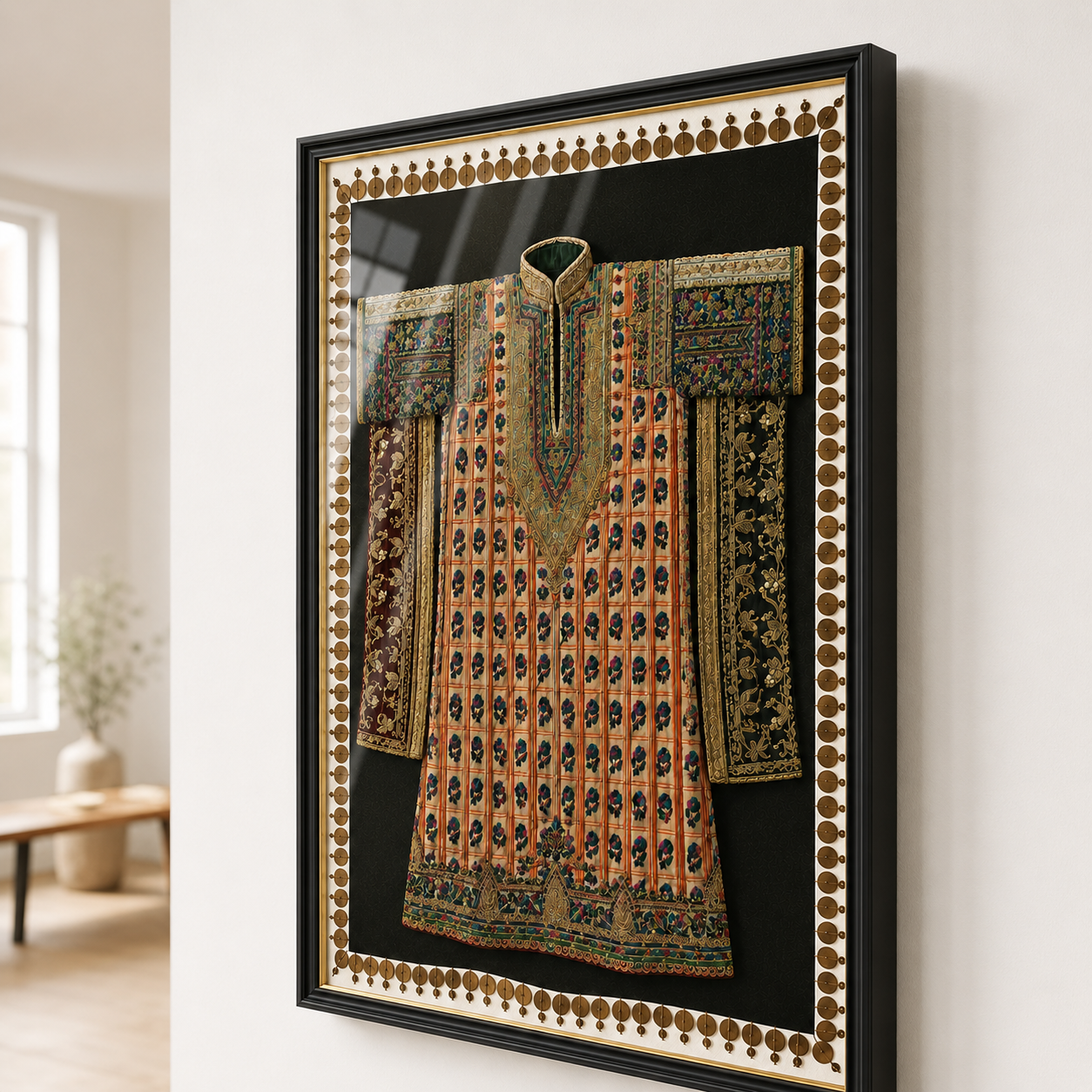 Traditional Indian Poshak Canvas Art Print with Glass – Black Frame with Gold Liner, 36 × 34 in