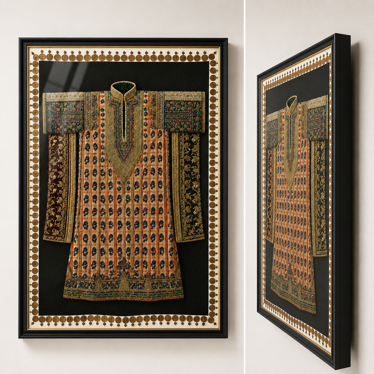 Traditional Indian Poshak Canvas Art Print with Glass – Black Frame with Gold Liner, 36 × 34 in