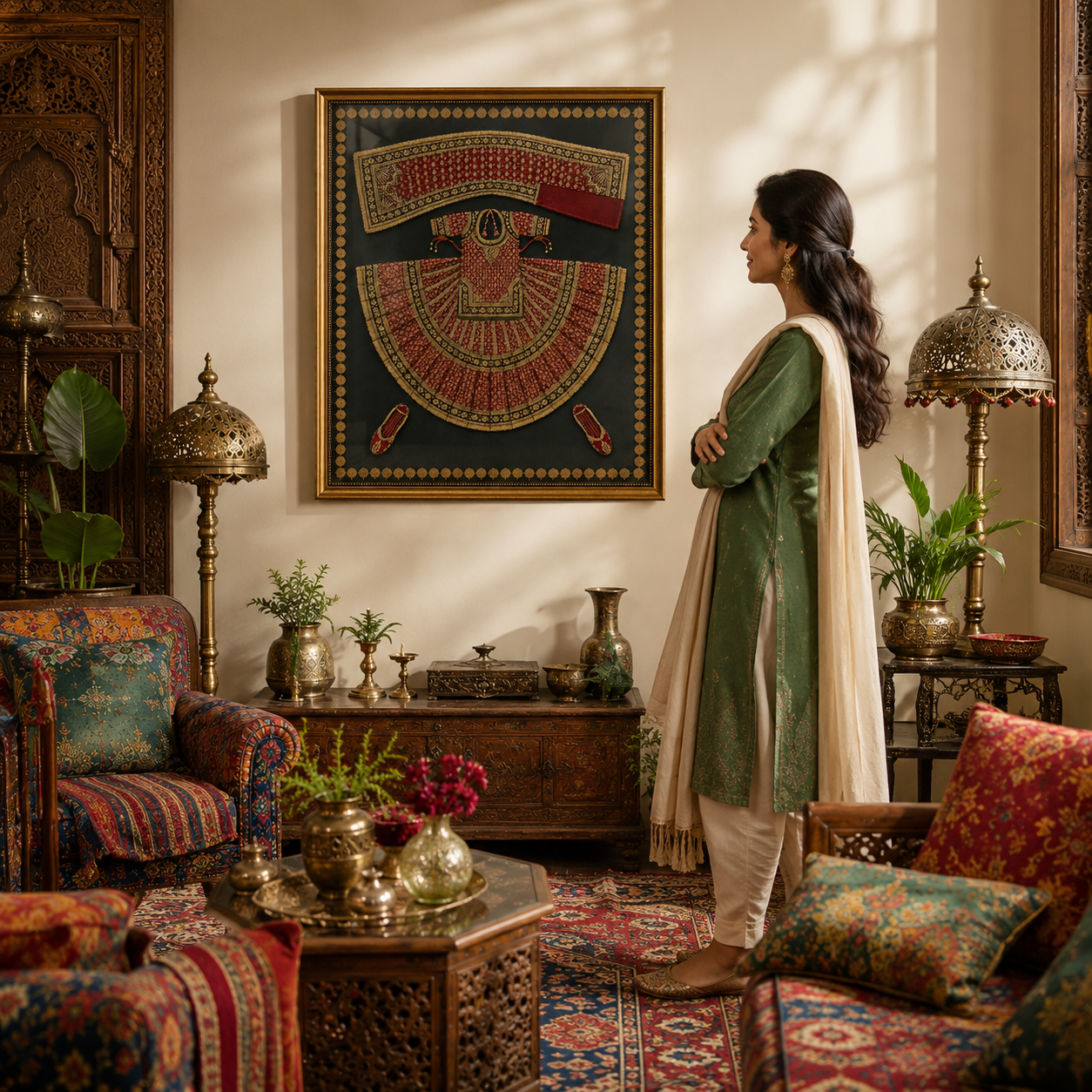 Traditional Indian Poshak Canvas Art Print with Glass – Thin Profile Gold Frame, 36 × 30 in
