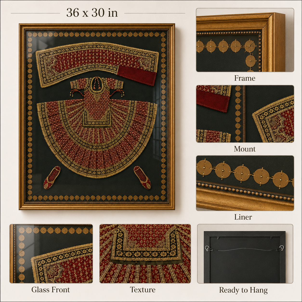 Traditional Indian Poshak Canvas Art Print with Glass – Thin Profile Gold Frame, 36 × 30 in