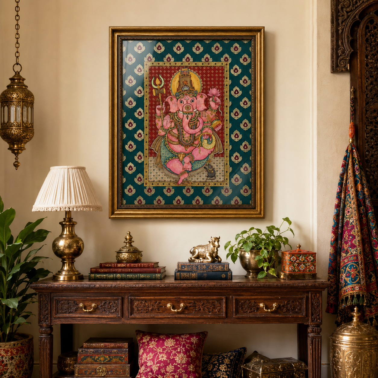 Tanjore Lord Ganesha Art Print with Glass – Ornate Gold Frame & Decorative Mount, 18 × 22 in