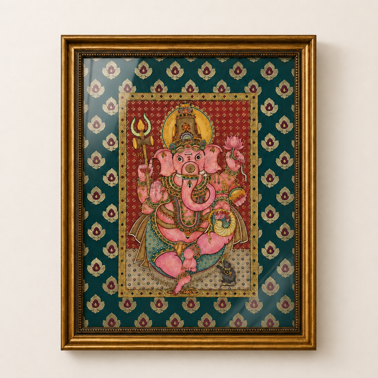 Tanjore Lord Ganesha Art Print with Glass – Ornate Gold Frame & Decorative Mount, 18 × 22 in