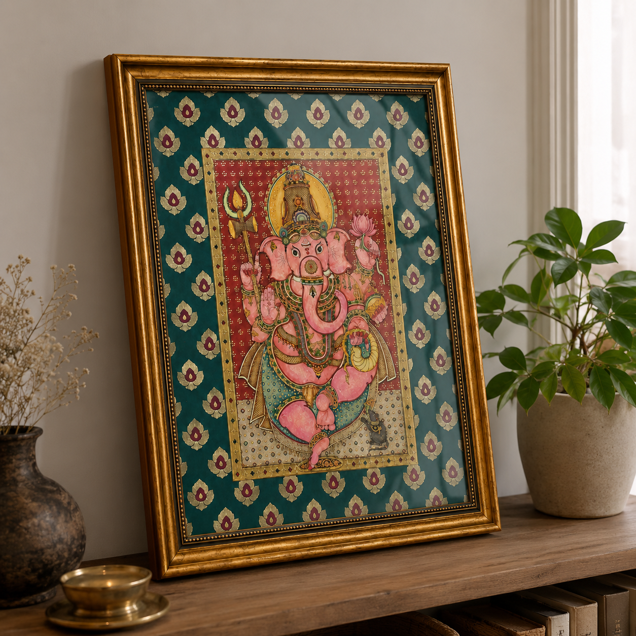 Tanjore Lord Ganesha Art Print with Glass – Ornate Gold Frame & Decorative Mount, 18 × 22 in