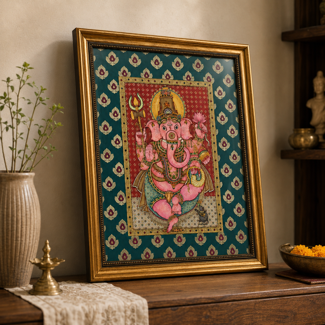 Tanjore Lord Ganesha Art Print with Glass – Ornate Gold Frame & Decorative Mount, 18 × 22 in