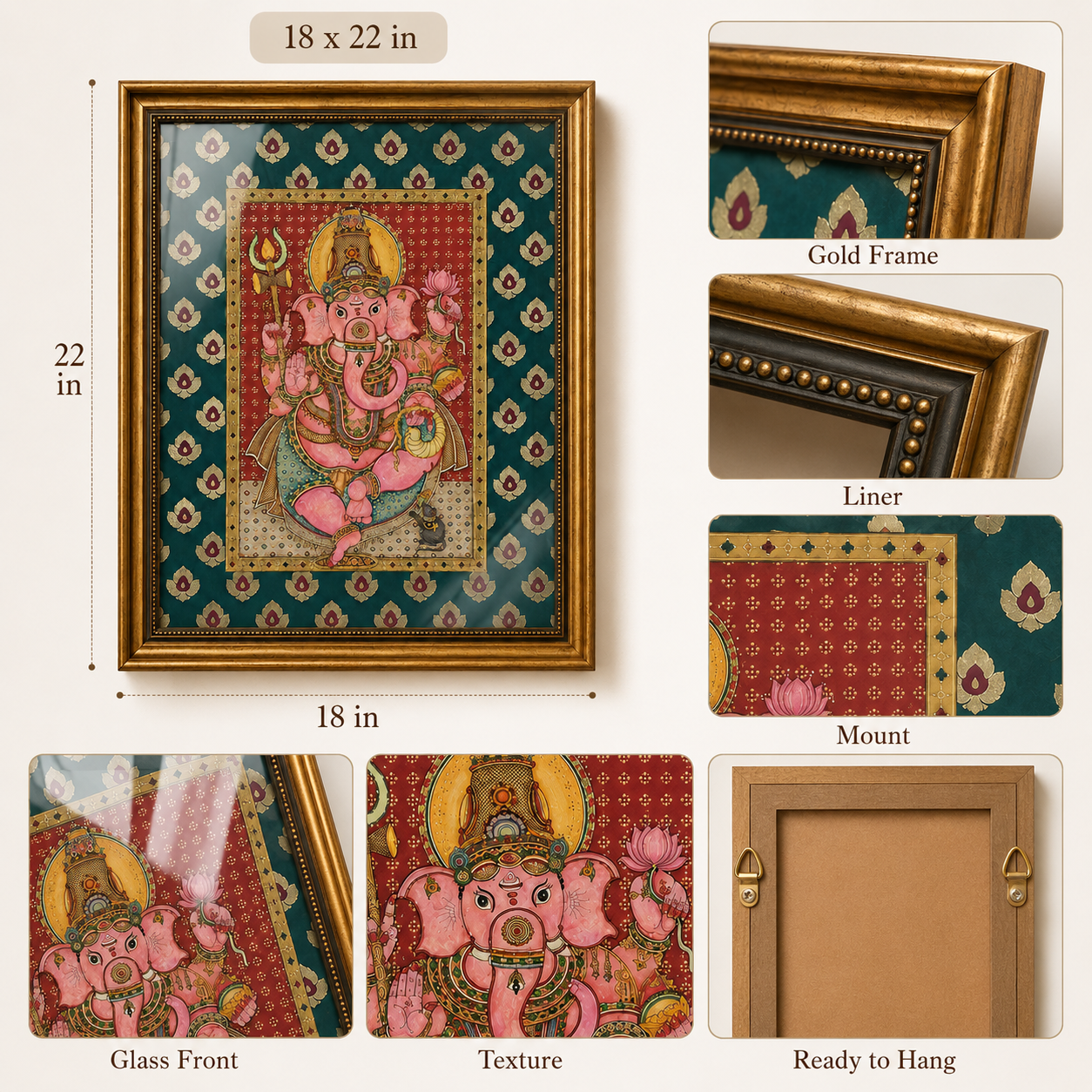Tanjore Lord Ganesha Art Print with Glass – Ornate Gold Frame & Decorative Mount, 18 × 22 in