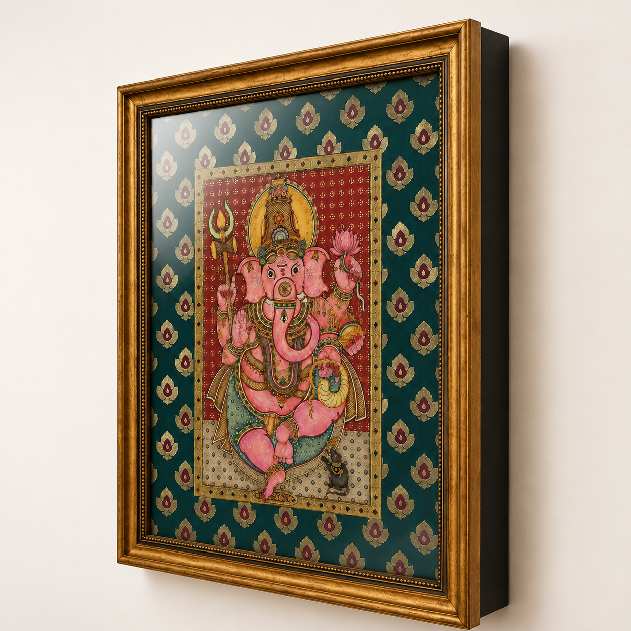 Tanjore Lord Ganesha Art Print with Glass – Ornate Gold Frame & Decorative Mount, 18 × 22 in