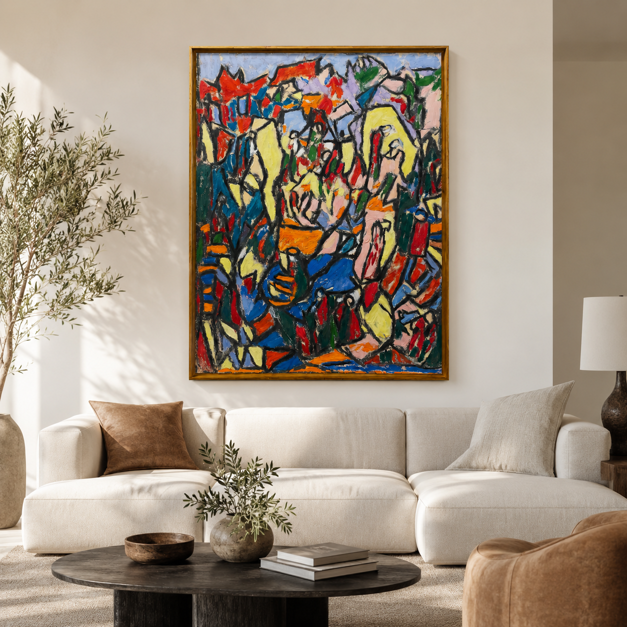 Abstract Textured Oil Painting on Canvas – Thin Teak Wood Frame, 48 × 36 in