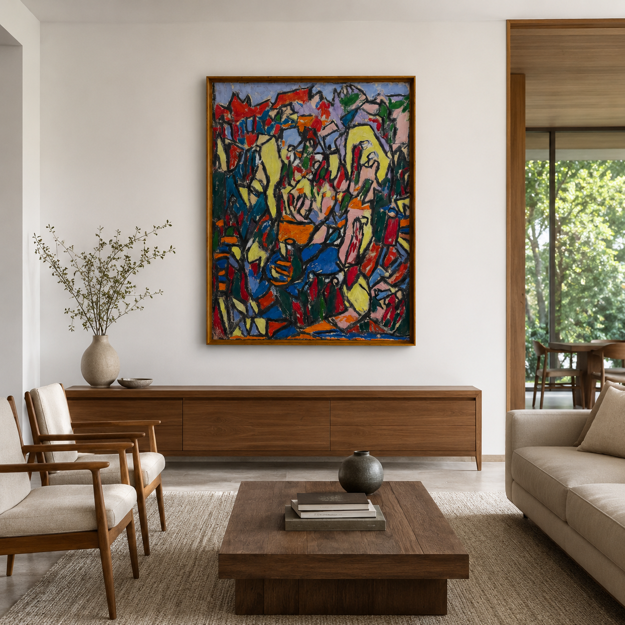 Abstract Textured Oil Painting on Canvas – Thin Teak Wood Frame, 48 × 36 in