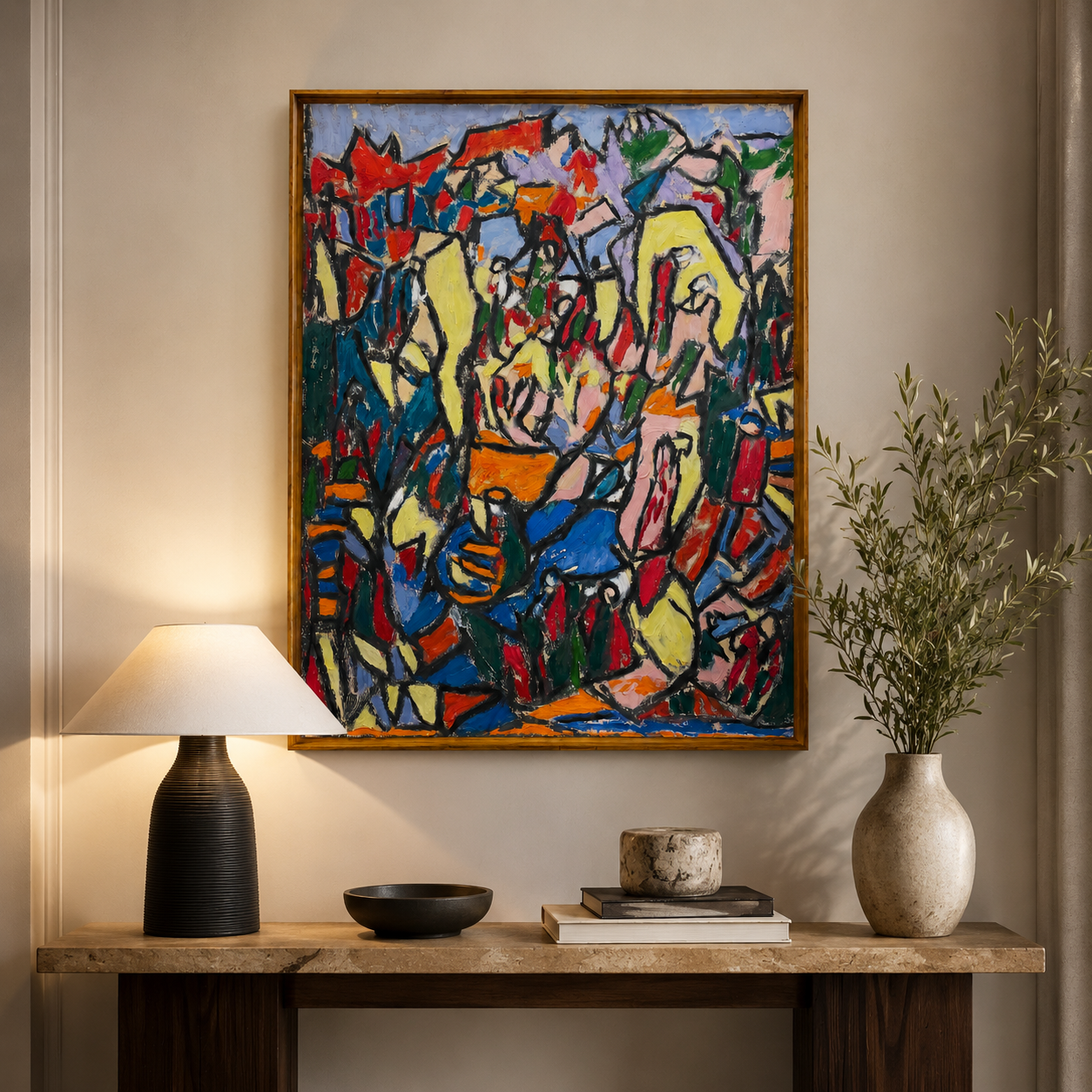 Abstract Textured Oil Painting on Canvas – Thin Teak Wood Frame, 48 × 36 in