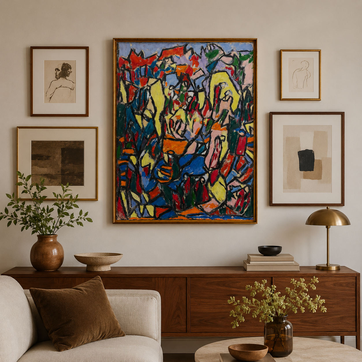 Abstract Textured Oil Painting on Canvas – Thin Teak Wood Frame, 48 × 36 in