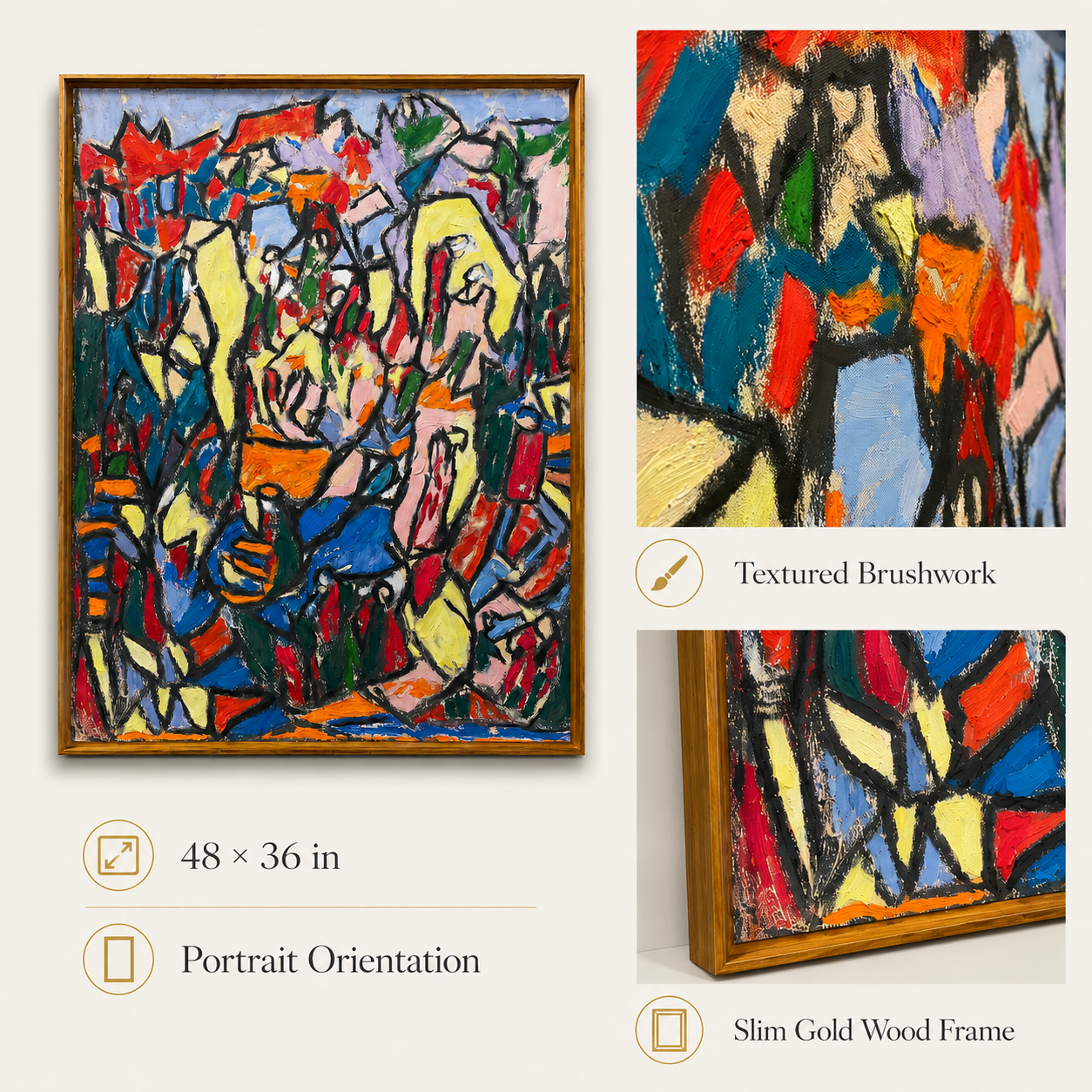 Abstract Textured Oil Painting on Canvas – Thin Teak Wood Frame, 48 × 36 in