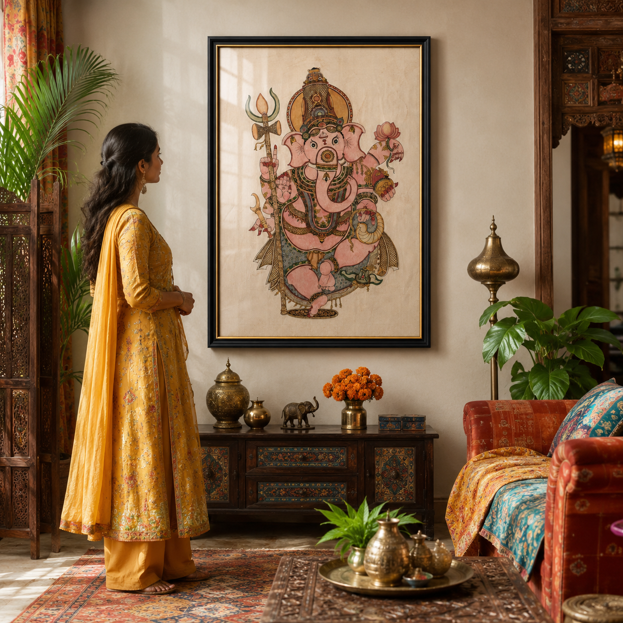 Lord Ganesha Art Print on Canvas – Black Frame with Gold Liner, 36 × 24 in