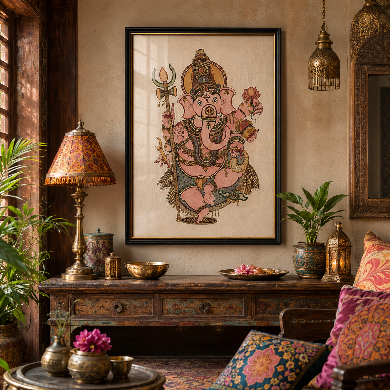 Lord Ganesha Art Print on Canvas – Black Frame with Gold Liner, 36 × 24 in