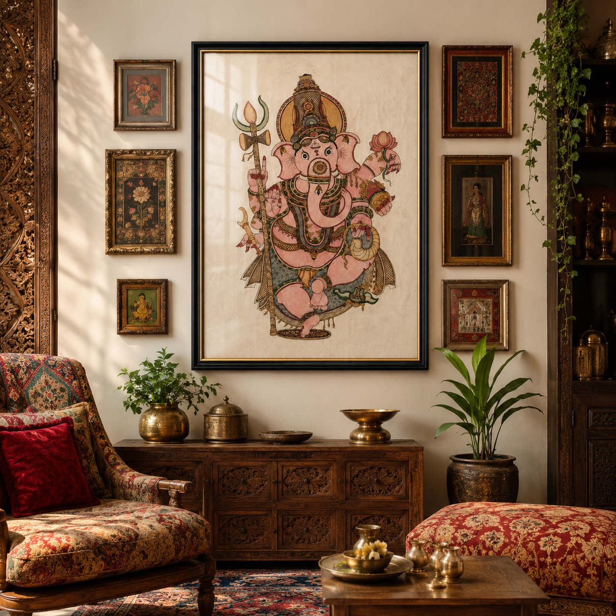 Lord Ganesha Art Print on Canvas – Black Frame with Gold Liner, 36 × 24 in