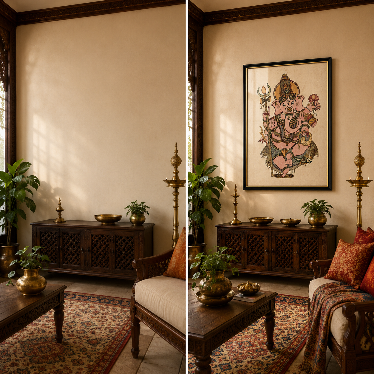 Lord Ganesha Art Print on Canvas – Black Frame with Gold Liner, 36 × 24 in