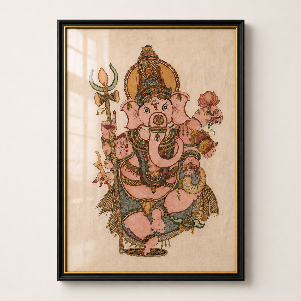 Lord Ganesha Art Print on Canvas – Black Frame with Gold Liner, 36 × 24 in