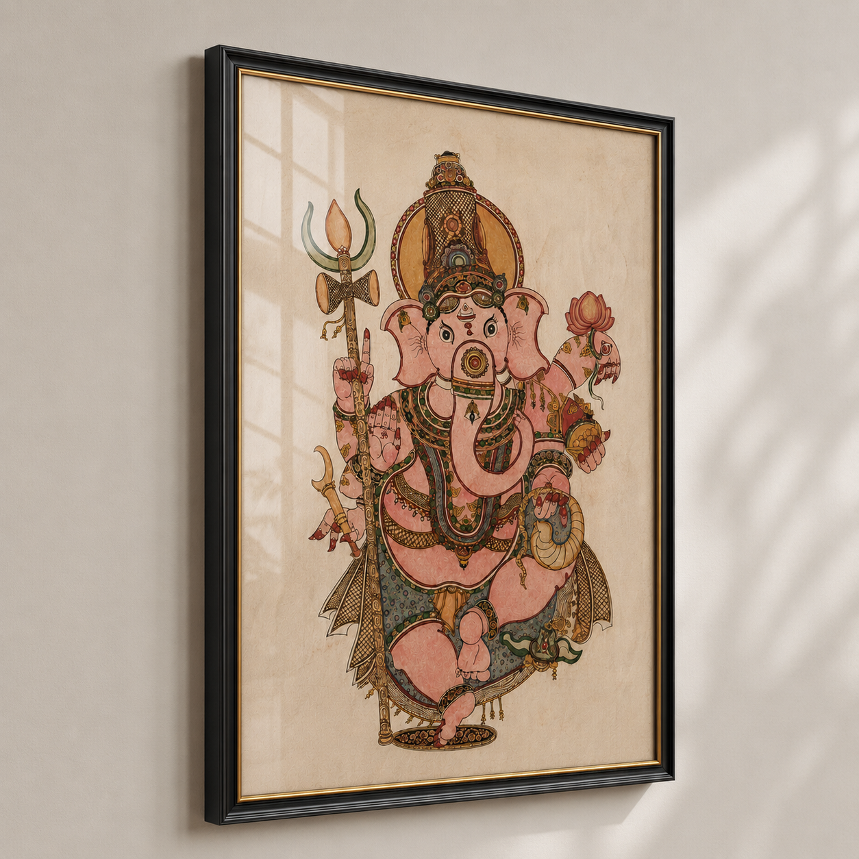 Lord Ganesha Art Print on Canvas – Black Frame with Gold Liner, 36 × 24 in