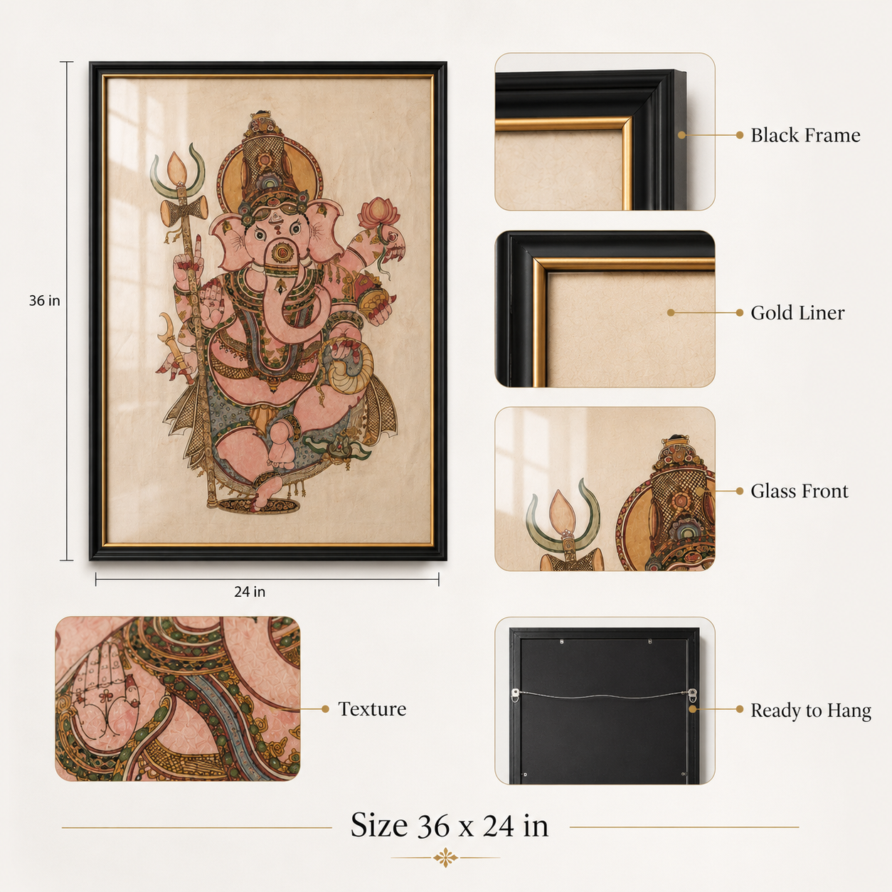 Lord Ganesha Art Print on Canvas – Black Frame with Gold Liner, 36 × 24 in