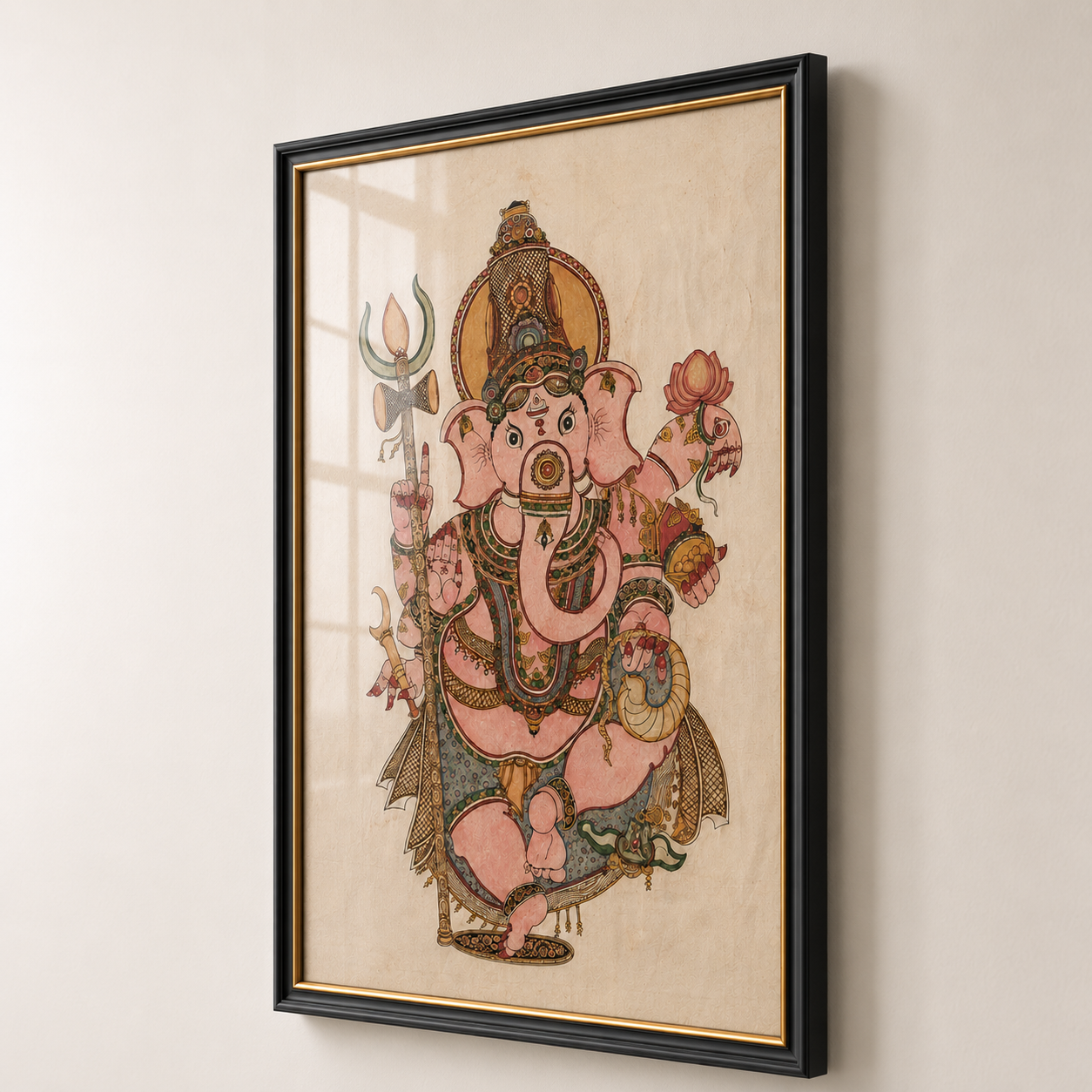 Lord Ganesha Art Print on Canvas – Black Frame with Gold Liner, 36 × 24 in
