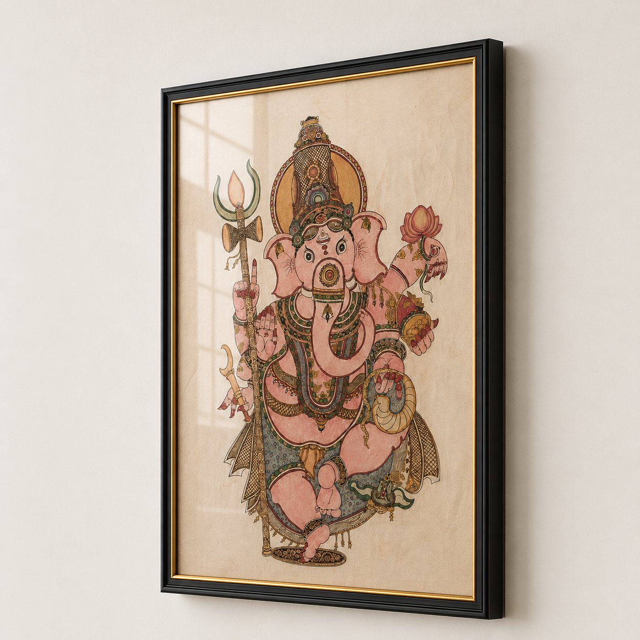 Lord Ganesha Art Print on Canvas – Black Frame with Gold Liner, 36 × 24 in
