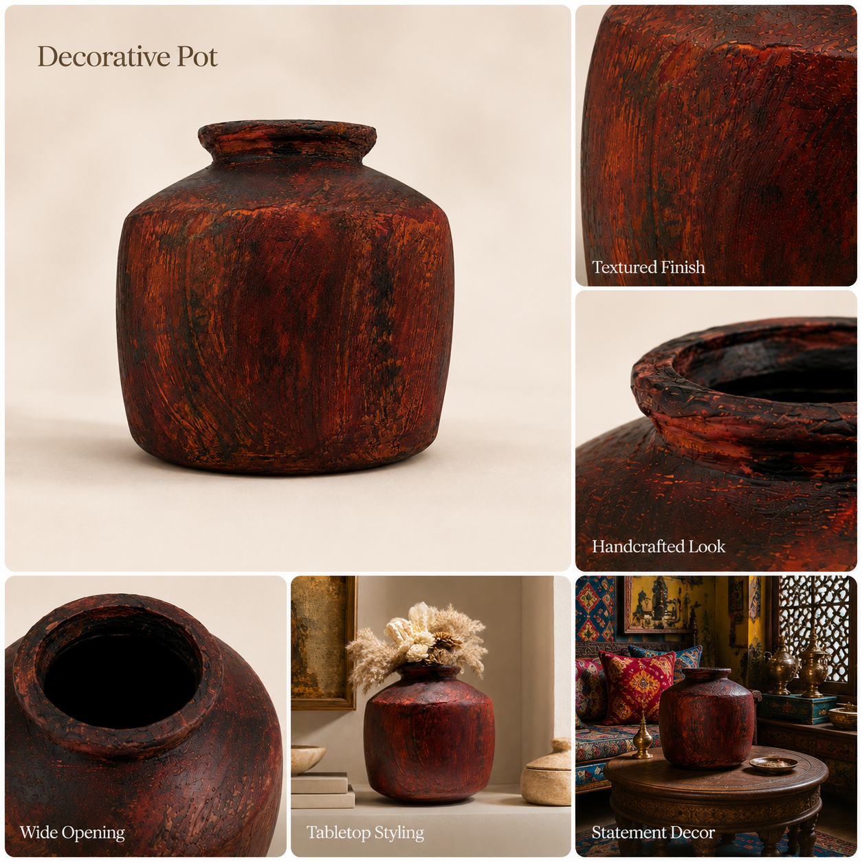 Rustic Decorative Pot – Handcrafted Textured Accent Vase in Burnt Red