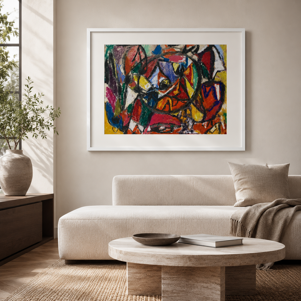 Abstract Art Print on Canvas – White Box Frame with White Mount, 38 × 30 in