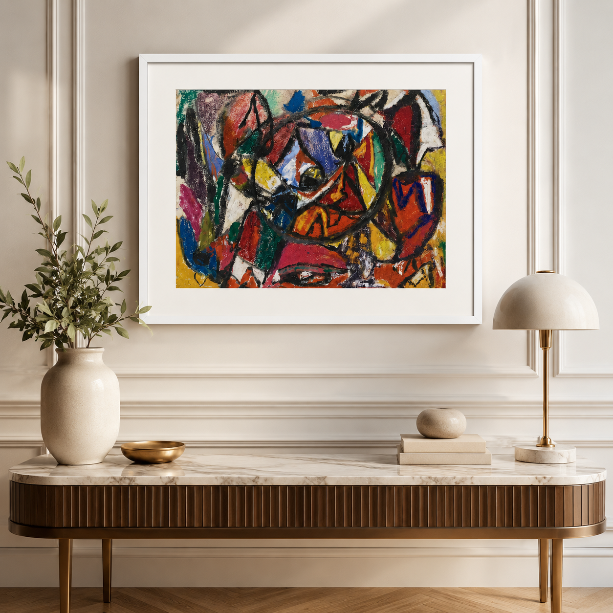 Abstract Art Print on Canvas – White Box Frame with White Mount, 38 × 30 in