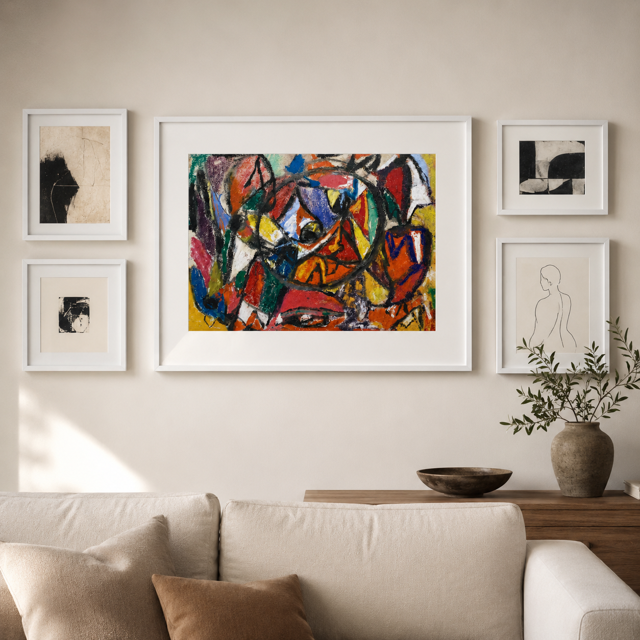 Abstract Art Print on Canvas – White Box Frame with White Mount, 38 × 30 in