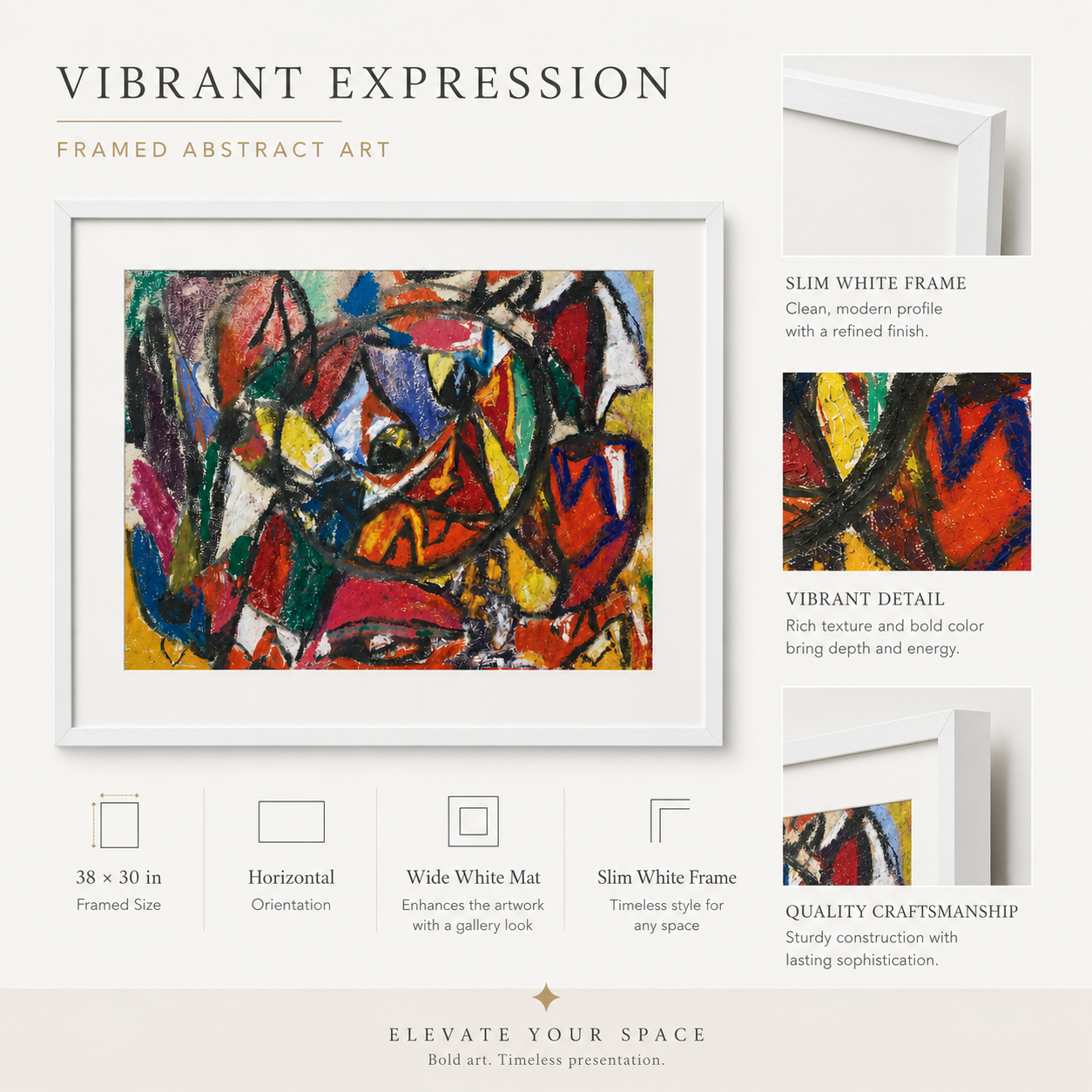 Abstract Art Print on Canvas – White Box Frame with White Mount, 38 × 30 in