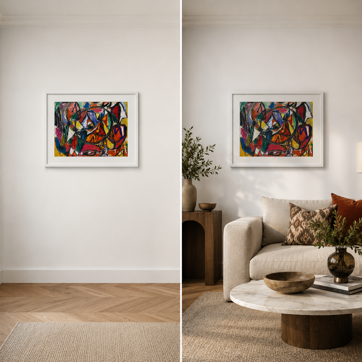 Abstract Art Print on Canvas – White Box Frame with White Mount, 38 × 30 in