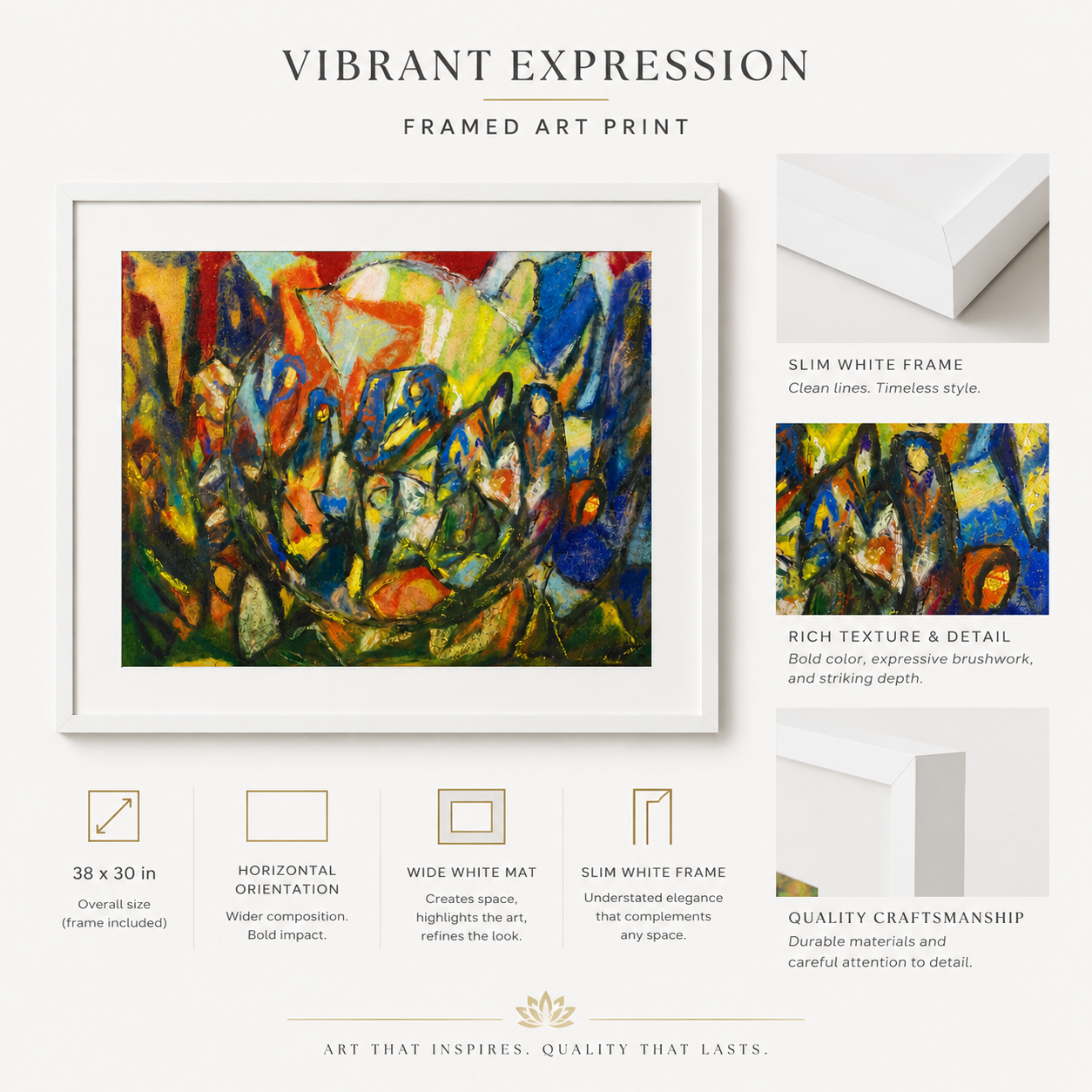 Abstract Art Print on Canvas – White Box Frame with White Mount, 38 × 30 in