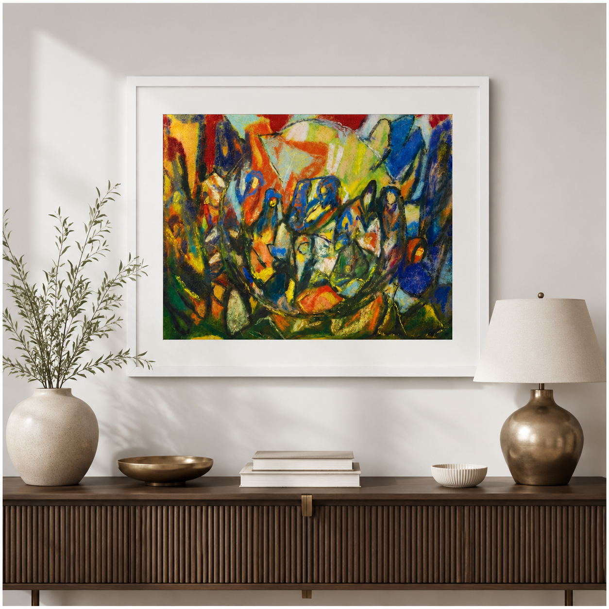 Abstract Art Print on Canvas – White Box Frame with White Mount, 38 × 30 in