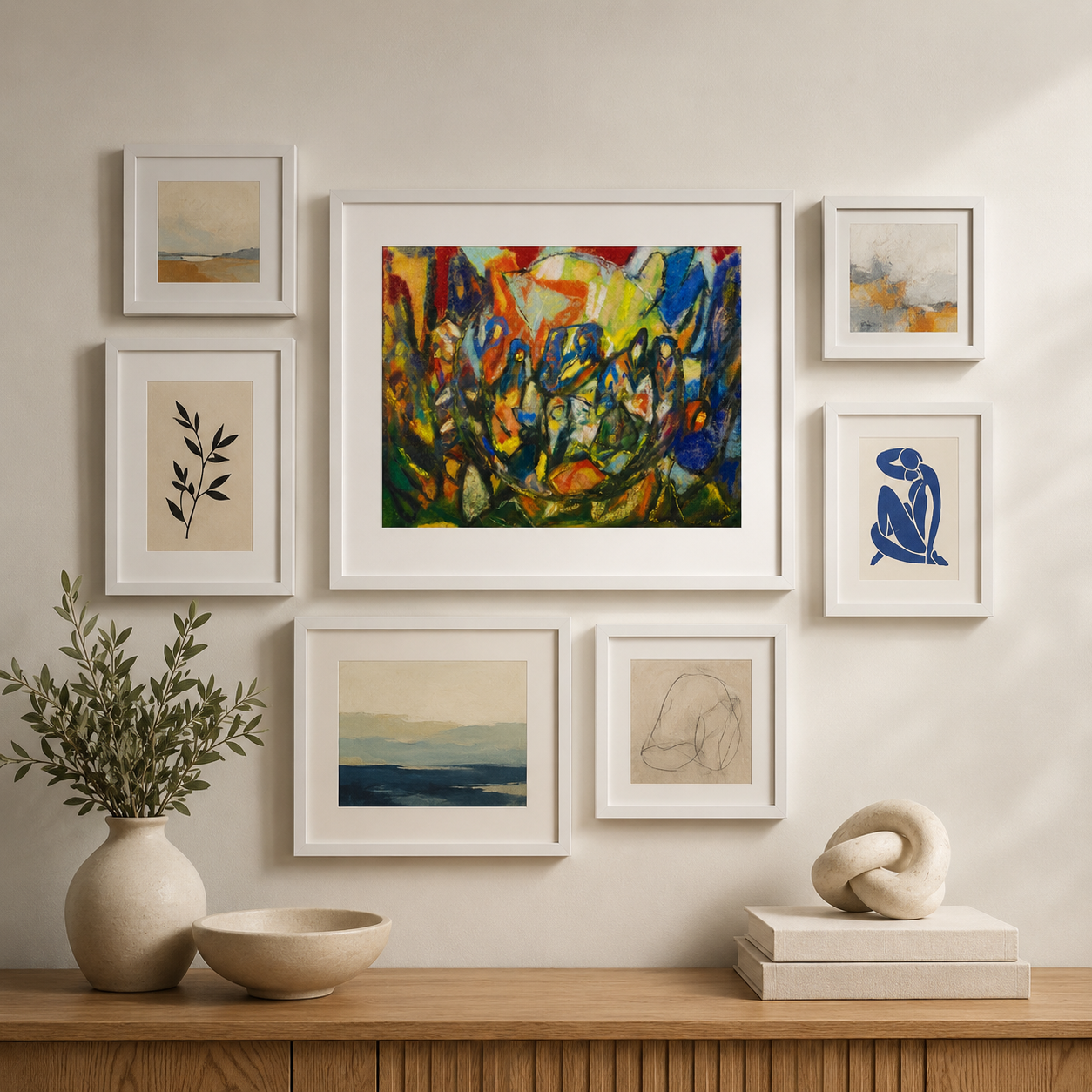 Abstract Art Print on Canvas – White Box Frame with White Mount, 38 × 30 in