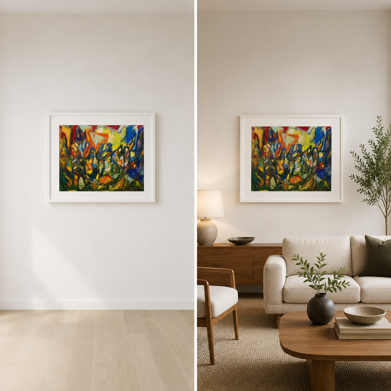 Abstract Art Print on Canvas – White Box Frame with White Mount, 38 × 30 in