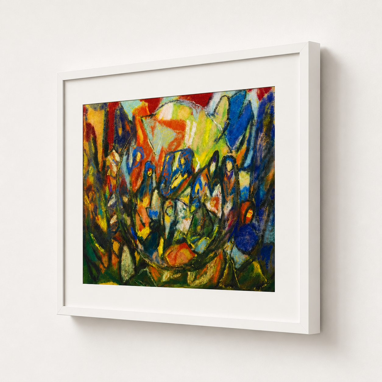 Abstract Art Print on Canvas – White Box Frame with White Mount, 38 × 30 in