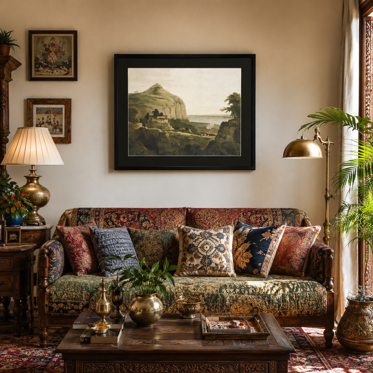 Oriental Landscape Art Print on Canvas – Black Box Frame with Black Mount, 38 × 30 in