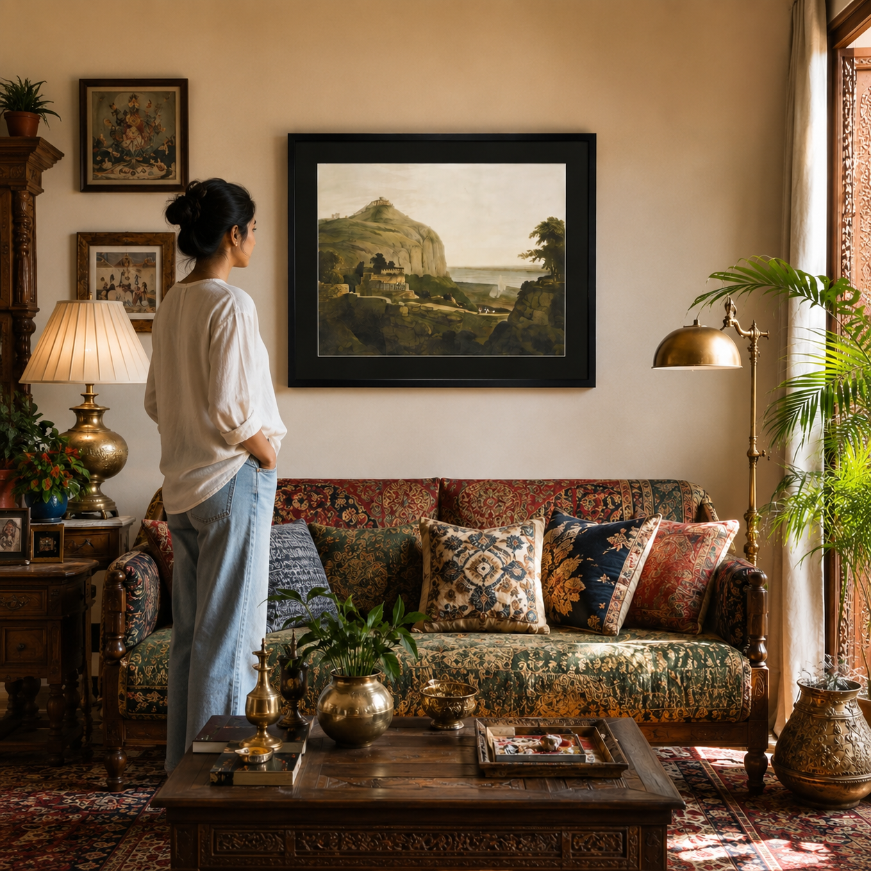 Oriental Landscape Art Print on Canvas – Black Box Frame with Black Mount, 38 × 30 in