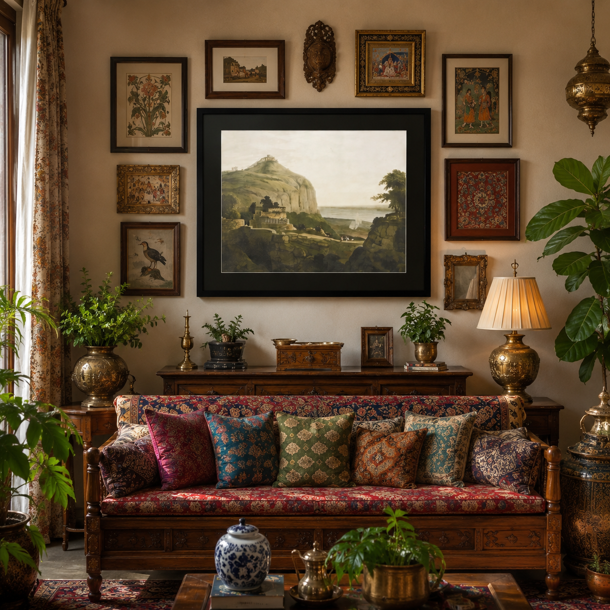 Oriental Landscape Art Print on Canvas – Black Box Frame with Black Mount, 38 × 30 in